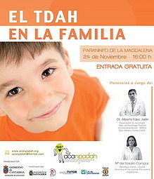 cartel informativo de las conferencias: ni�o sentado sonriendo y busto de los dos ponentes